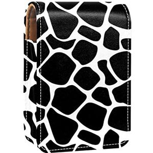 Draagbare Lipstick Case voor op reis,Mini Lipstick Opbergdoos met spiegel voor vrouwen dames, Lederen Cosmetische Pouch Zwart Wit Koe, Meerkleurig, 9.5x2x7 cm/3.7x0.8x2.7 in
