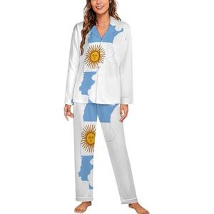 Vlagkaart van Argentinië Vrouwen Lange Mouw Button Down Nachtkleding Zachte Nachtkleding Lounge Pyjama Set XL