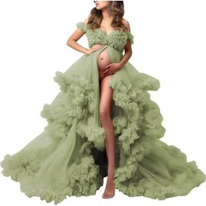 KIYNE Zwangerschapsjurk voor dames, voor fotoshoot, schoudervrij, tule lingerie, lange gewaad, zwangerschapsjurk voor babyborrel, Sage Groen, 32