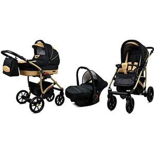 BabyLux Largo 3 in 1 Baby Reis Systeem Kinderwagen Autostoel Afneembare Regenhoes Voetenzak Dragende Wielen Pasgeborene tot Baby Black Coffe Gold Frame