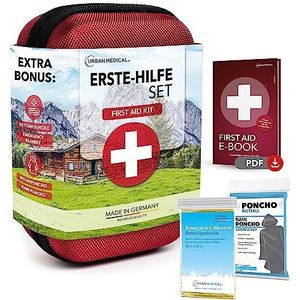 URBAN MEDICAL EHBO-set Outdoor | Inhoud uit Duitsland | Survival Kit - Nooddeken + Regenponcho | Eerste Hulp Kit voor Reizen, Sport, Auto en Thuis | DIN 13167