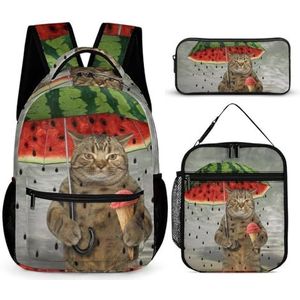 Leuke Kat Holding Watermeloen Paraplu Ijs Print Rugzak Set Reizen Laptop Rugzak Met Lunch Tas En Potlood Tas