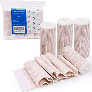 Elastische bandage van katoen, 4 stuks 10,2 cm breed x (3,8 tot 4,6 m) wanneer uitgerekt) met klittenbandsluiting aan beide uiteinden, latexvrije compressiebandage voor spataderen, verstuiking van de