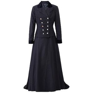 SFWXCOS Middeleeuwse wandeljurk zwart gestreepte vintage historische Edwardiaanse Victoriaanse jurk met jas voor vrouwen