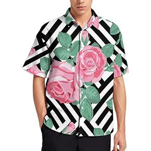 Roze Rozen met Bladeren Hawaiiaans Shirt Voor Mannen Zomer Strand Casual Korte Mouw Button Down Shirts met Zak