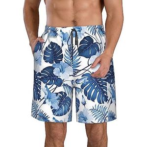 PHTZEZFC Blue Flower Tropical Print Strandshorts voor heren, lichtgewicht, sneldrogend, zwembroek met trekkoord en zakken, Wit, S