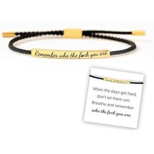 Remember Who The F You Are Motivational Tube Bracelet, Adjustable Hand Braided Wrap Tube Bracelet, Inspirational Bracelets Jewelry Gifts for Women Girls Best Friend Teen (Black-Gold)