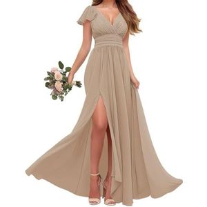 Chiffon bruidsmeisjes jurken met mouw - V-hals Empire taille plooi formele jurk, Taupe, 32