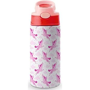 Roze en witte vliegende eenhoorns 350 ml waterfles met rietje, koffiebeker, waterbeker, roestvrijstalen reismok voor dames en heren, roze stijl
