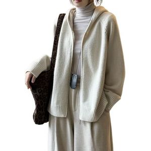 LoprNsdgt Dames Gebreide Cardigan Met Rits En Capuchon, Casual, Effen Kleur, Lange Mouwen, Trui-Jas,Beige,M