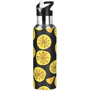 Naadloze plakjes citroen gele waterfles geïsoleerde grote 1L roestvrij staal sport vacuüm fles met rietje lekbestendig voor reizen koffie