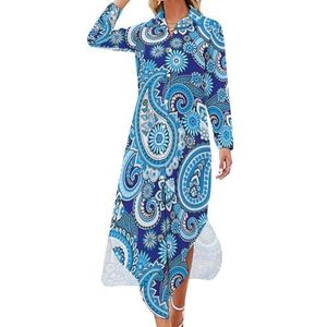 Paisley Blauw Print Patroon Lange Mouw Maxi Shirt Jurken voor Vrouwen Casual V-hals Knop Blouses XL