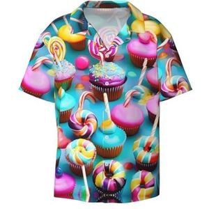 EdWal Kleurrijke Zoete Lolly Cupcake Donut Print Heren Korte Mouw Button Down Shirts Casual Losse Fit Zomer Strand Shirts Heren Jurk Shirts, Zwart, 3XL