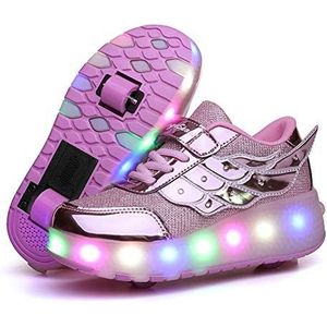 LED trainers, LED Light-UP rolschaatsen schoenen, USB oplaadbaar, intrekbare enkele dubbele wielen, Outdoor Sport Cross schoenen Running Sneakers voor Unisex Kids Jongens Meisjes, Rose586 dubbel wiel, 34 EU