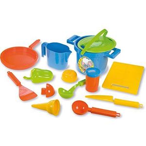 Lena 05410 - Happy zand speelset koken, 14-delig, zand en water speelgoed set voor kinderen vanaf 2 jaar, met pot, zeef, 3 vormpjes, plank, pan, ijlepel, ijszak en andere keukenaccessoires