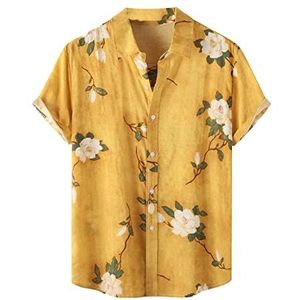AYBIOSD Mannen Casual Gedrukt Hawaiian Shirt Zomer Korte Mouw Tropisch Strand Button-Down T-Shirts,Geel,M