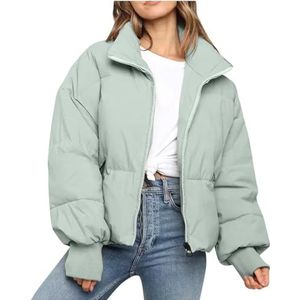 Dames winter pufferjack cropped volledige ritssluiting met lange mouwen warm gewatteerd gewatteerd crop bubble coat / 210 (Color : #2 Green, Size : Medium)