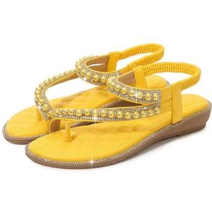 Xytraiihw Glitter Sandalen Vrouwen Zomer, Vrouwen Elastische Band Strass Sandalen Elegante Platte Schoenen Open Teen Slingback Strandschoenen Clip Teen Flip Flops,Geel,36 EU