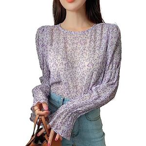 dames topjes Ditsy bloemenprint blouse met wijde mouwen - Losvallende boho-top for dames met ruches en knoopdetails (Color : Multicolore, Size : Small)