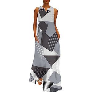 Geometrisch met driehoeken, strepen stippen, enkellengte jurk voor dames, slanke pasvorm, mouwloos, maxi-jurk, casual zonnejurk, L