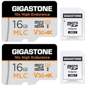 Gigastone 16GB 2-pack micro SD geheugenkaart, MLC 10x High Endurance, SDHC UHS-I U3, klasse 10, V30, 4K, 95/35 MB/s lees- en schrijfsnelheid, Full HD, speciaal voor Dash Cam, slimme binnen-/buitencamera, micro sd card