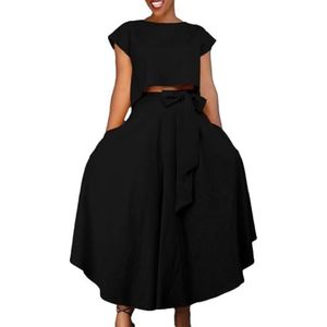 Elegante 2-delige Outfits Voor Dames Ronde Hals Korte Mouwen Casual Crop Top En Hoge Taille Onregelmatige Zoom Zwierige Maxi Rok Set (Color : Black, Size : L)