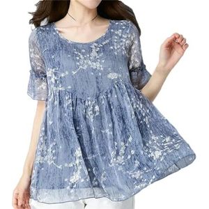 Dames Casual Elegant Losse Chiffon Shirt Dameskleding Zomer Mode Afdrukken O-hals Pullover Blouses, Blauw, L