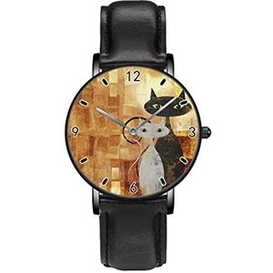 Zwart en Wit Kat Op Oranje Grunge Canvas Klassieke Patroon Horloges Persoonlijkheid Business Casual Horloges Mannen Vrouwen Quartz Analoge Horloges, Zwart