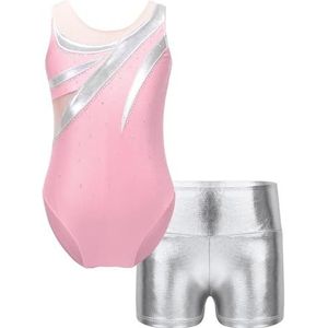 Gymnastiekpak voor meisjes, mouwloos, korte broek met strass-steentjes, balletdanskostuum, metallic, voor jongens, Roze, 8