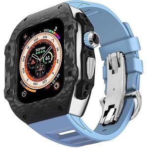 INSTR Koolstofvezel behuizing met fluor rubberen horlogeband voor Apple Watch Ultra2 Ultra, heren Mod Kit Cover Strap voor IWatch9 8 7 6 5 4 SE vervangende accessoires (Color : Blue, Size : 45mm44mm