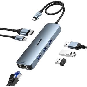 BENFEI USB C HUB 6-in-1 met HDMI (4K@60Hz), Gigabit Ethernet, 100W Power Delivery, 3*USB 3.0, Siliconen Kabel, Aluminium Hoesje Compatibel met iPhone 15 Pro/Max, MacBook, iPad Pro, iMac, S23, XPS17