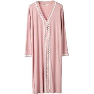 Dames Nachthemd V-hals Nachtkleding Lange mouwen Knoop Modal met golvende randen Pyjamajurk Losse Midi Loungewear(Pink,L)