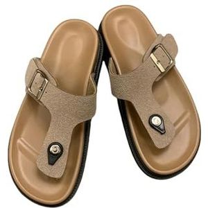 CSCDD Sandals for women Womens Mens Slide Cork Sandals Flat Leather Adjustable Casual Flip Flops Summer-khaki-38