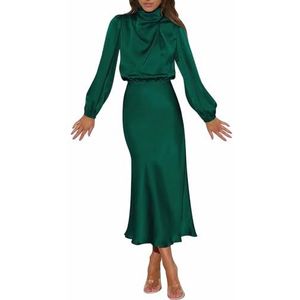 Elegante Satijnen Jurken met Lange Mouwen voor Dames, Formele Feest Maxi-jurk met Elastische Hoge Taille(Color:Dark green,Size:M)