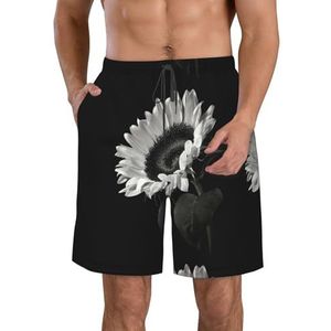PHTZEZFC Zonnebloem zwart grijs print heren strandshorts zomer shorts met sneldrogende technologie, lichtgewicht en casual, Wit, M
