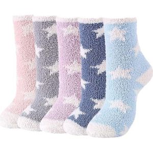 MAXQUU 5 paar pluche sterrensokken met vijf puntige pluche sokken, pluizige sokken, pluche wintersokken, dikke damessokken, pluizige sokken voor, Lichtblauw, paars, grijs, roze, 36 EU