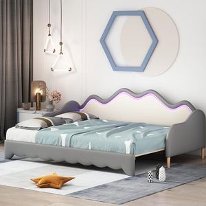 VSOGA Gestoffeerd bed 90 (180) x 190 cm, 2-in-1 multifunctionele slaapbank, kinderbed van kunstleer met ledverlichting, met lattenbodem, grijs