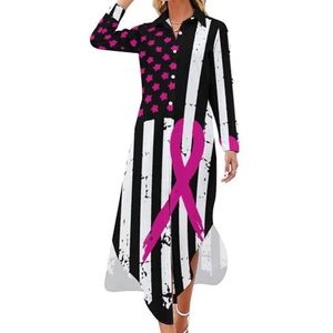 Roze lint borstkanker bewustzijn vlag vrouwen maxi-jurk lange mouw knop shirt jurk casual feest lange jurken S