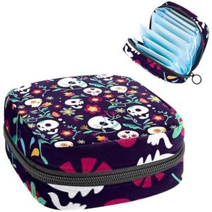 Opbergtas voor maandverband, menstruatiecup zakje tampon tas, menstruatiepads, houder organizer voor vrouwen en meisjes, bloemenschedels