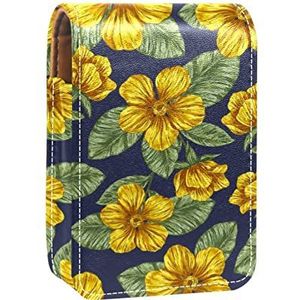 Make-up Lipstick Case voor Buiten Geel Bloem Patroon Groen Bladeren Navy Draagbare Lippenstift Organizer met Spiegel Dames Mini Make-up Tas Neemt Tot 3 Lippenstift