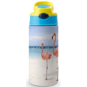 Flamingo 12 oz waterfles met rietje koffie beker water beker roestvrij staal reizen mok voor vrouwen mannen blauwe stijl