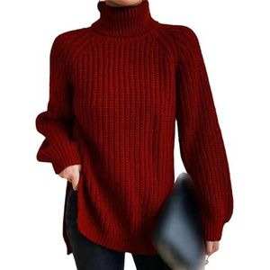 Lmtossey Herfst en winter oversized coltrui casual gebreide trui dames split raglan mouw trui, Bordeaux, S