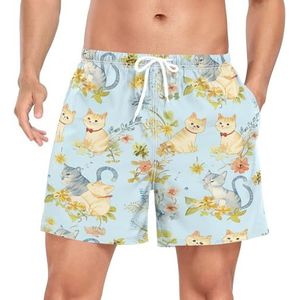 Niigeu Cartoon grappige katten bloem heren zwembroek shorts sneldrogend met zakken, Leuke mode, L