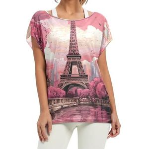 Sketch Pink Tower Dames Korte Batwing Mouw Shirt Ronde Hals T-shirts Losse Tops voor Meisjes, Patroon, M