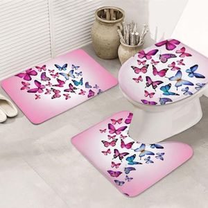 OPSREY Roze vlinders bedrukte zachte antislip badkamermat badkamertapijt set van 3 - silhouetmat + toilethoes + badmat