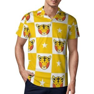 Tiger Star Geel Wit Schaakbord Heren Golf Polo Shirt Slim-fit T-shirts Korte Mouw Casual Print Tops S
