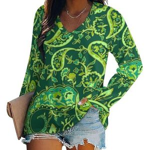 Groen paisley-patroon dames lange mouwen V-hals T-shirts herfst tops pullover tuniek T-shirt voor leggings