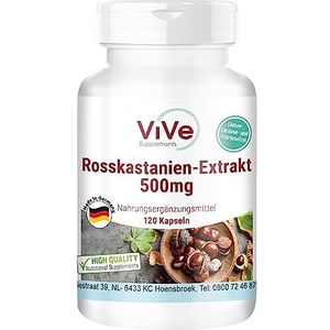 Paardenkastanje-extract 500 mg, 120 capsules, gestandaardiseerd extract met 20% aescine, hoge dosis en veganistisch, kwaliteit uit Duitsland ViVe Supplements