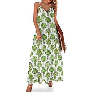 Vegan Broccoli Maxi-jurk voor dames, zomer, V-hals, mouwloos, spaghettibandjes, lange jurk