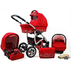 Kinderwagen 3 in 1 complete set met autostoeltje Isofix babybad babydrager Buggy Larmax van ChillyKids Red Flowers 3in1 (inclusief autostoeltje)